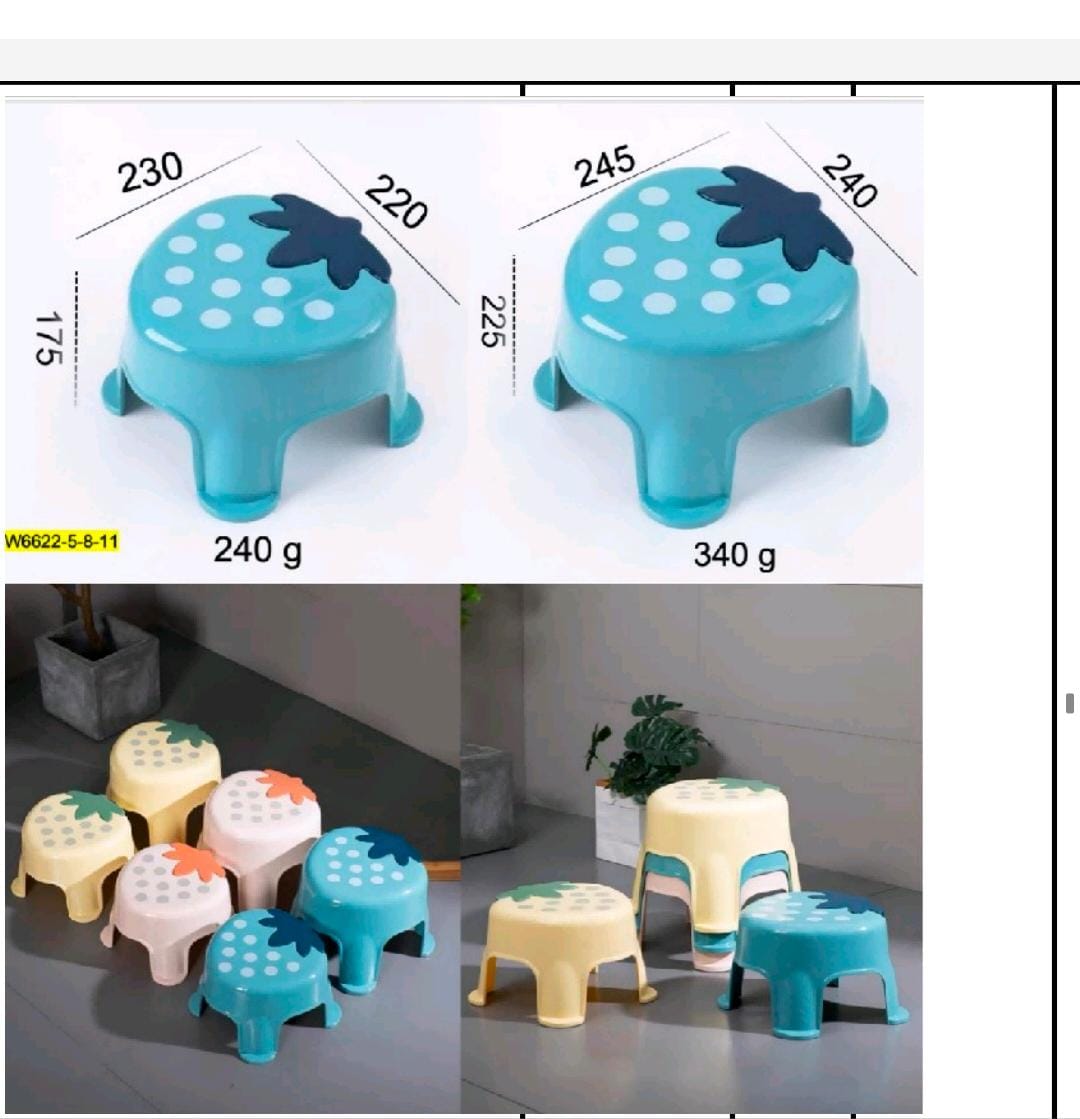 Strawberry-shaped plastic stools in turquoise, pink and yellow