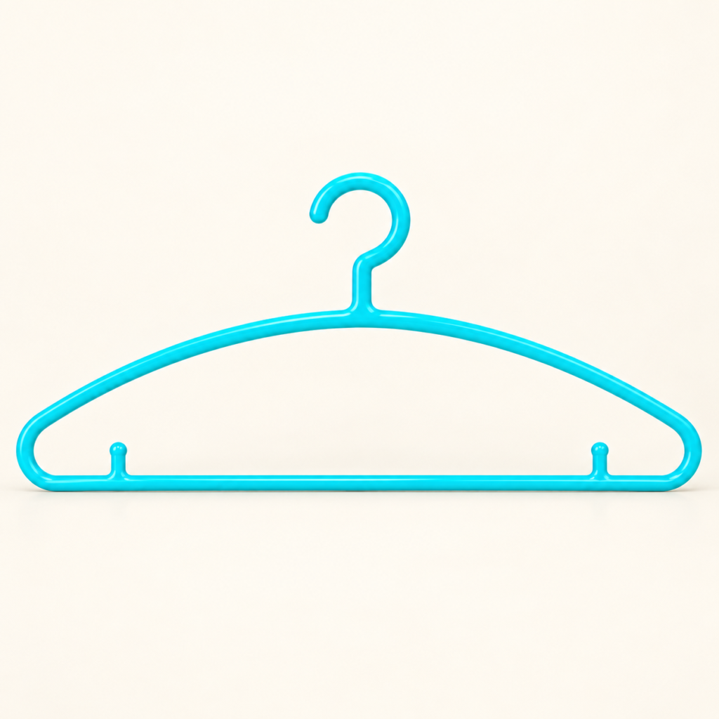 Turquoise plastic clothes hanger on an ivory background