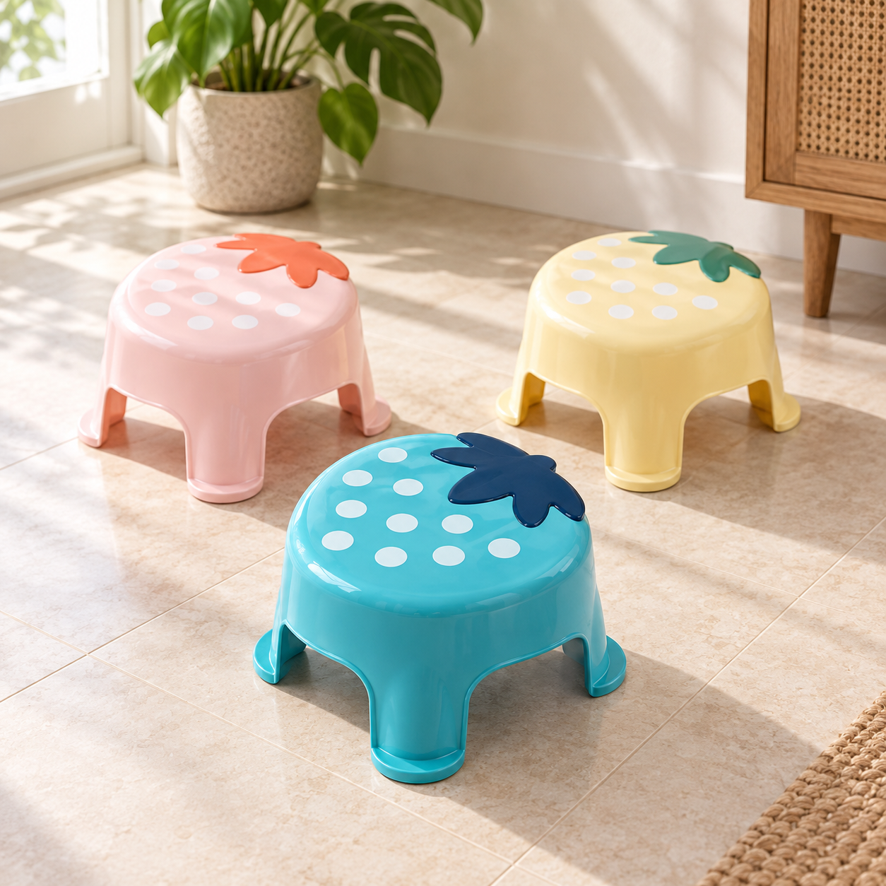 Strawberry stools in turquoise, pink and yellow in a home setting
