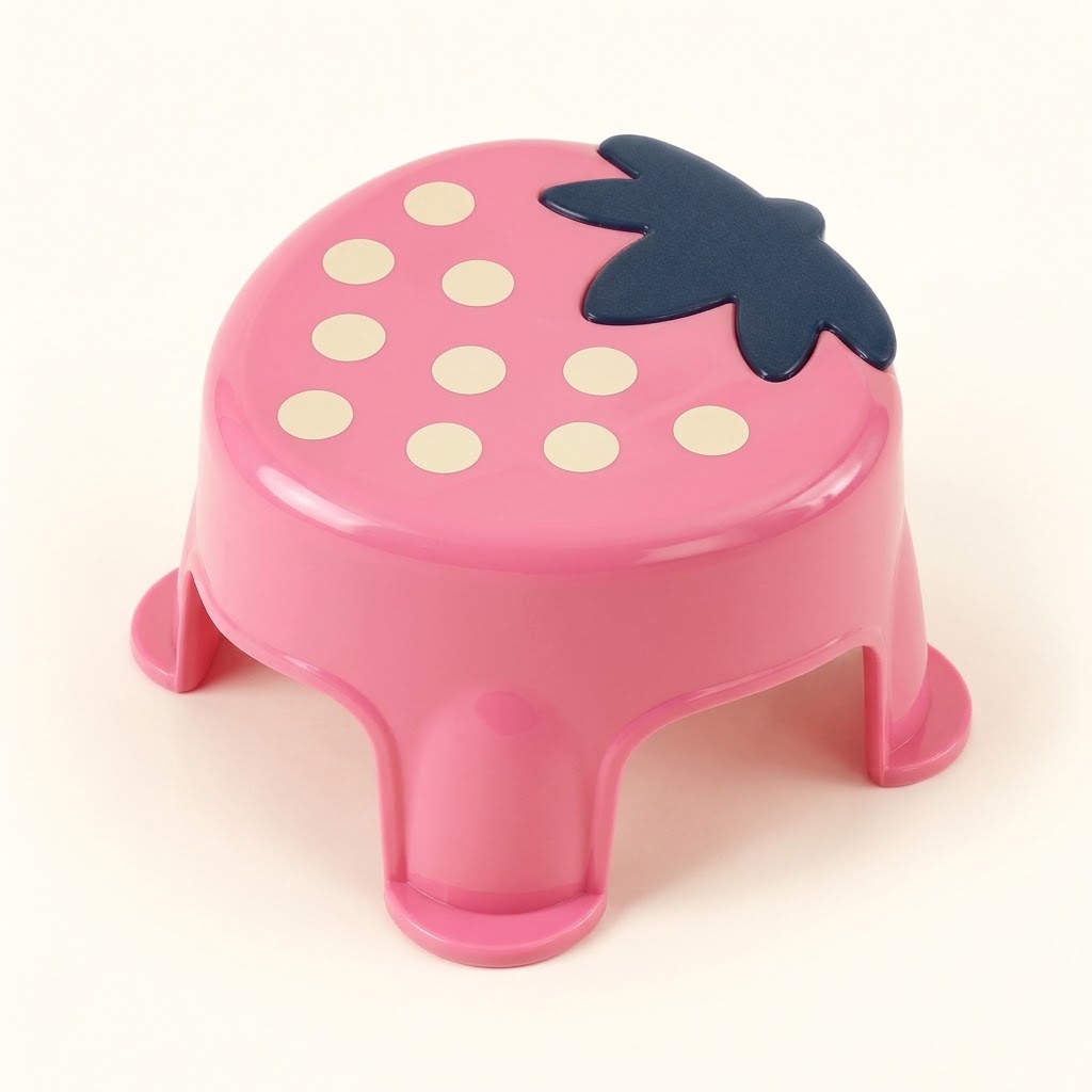 Pink strawberry-shaped plastic stool on an ivory background