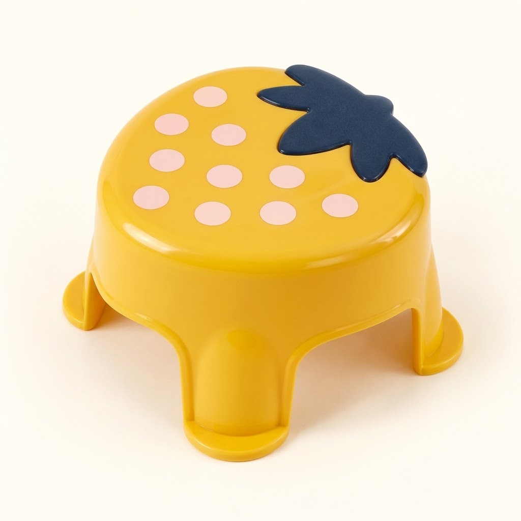 Yellow strawberry-shaped plastic stool on an ivory background