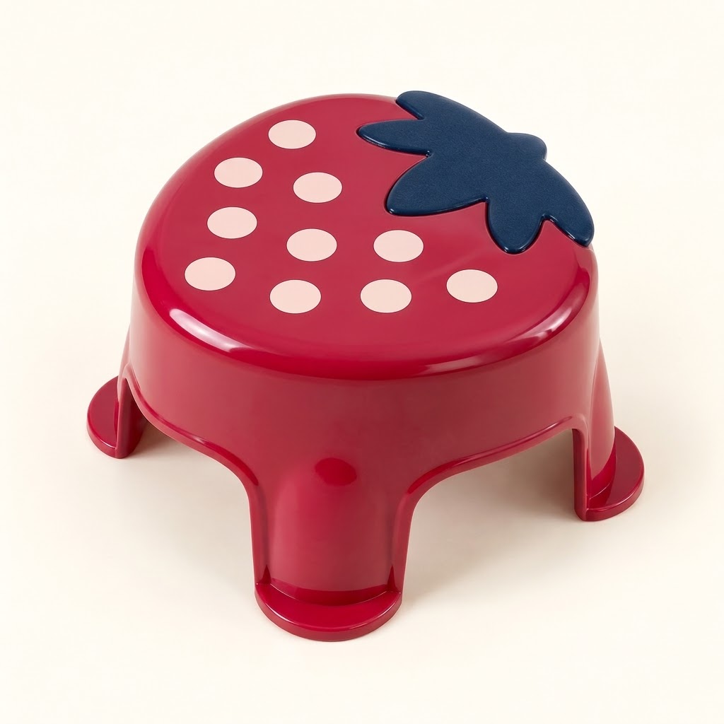 Red strawberry-shaped plastic stool on an ivory background